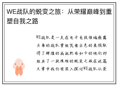WE战队的蜕变之旅：从荣耀巅峰到重塑自我之路